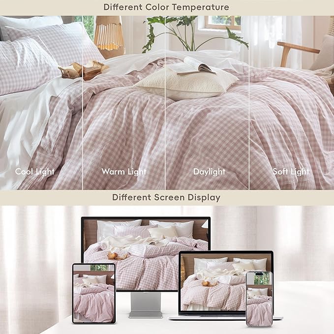 MooMee Gingham Duvet Cover Set 100% Washed Cotton Linen Like Textured Breathable Durable Soft Comfy Modern Checkered Design (Classic Gingham Greyish Pink, Twin 68"x90")