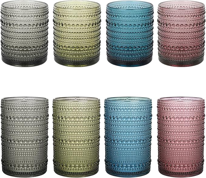 ZMOWIPDL Vintage Hobnail Drinking Glasses Set of 8,Colored 12 oz & 15oz Highball Glass Cups, Kitchen Drinkware Glassware,Embossed Water Tumbler,for Beer,Cocktail,Whiskey,Juice and Various Mixed Drinks