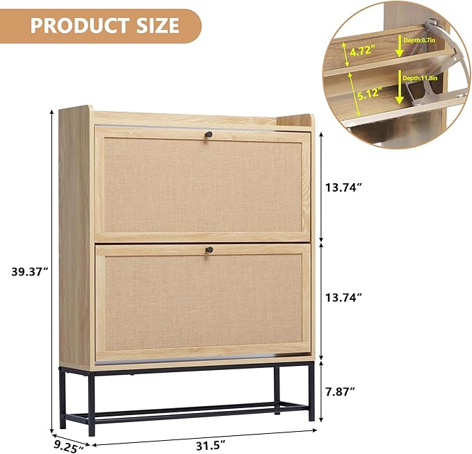 LEVNARY Shoe Storage Cabinet with 2 Flip Drawers, Wooden Narrow Shoe Cabinet Storage for Entryway, Freestanding Shoe Rack Organizer Cabinet with Metal Legs for Hallway (1, Natural Oak)