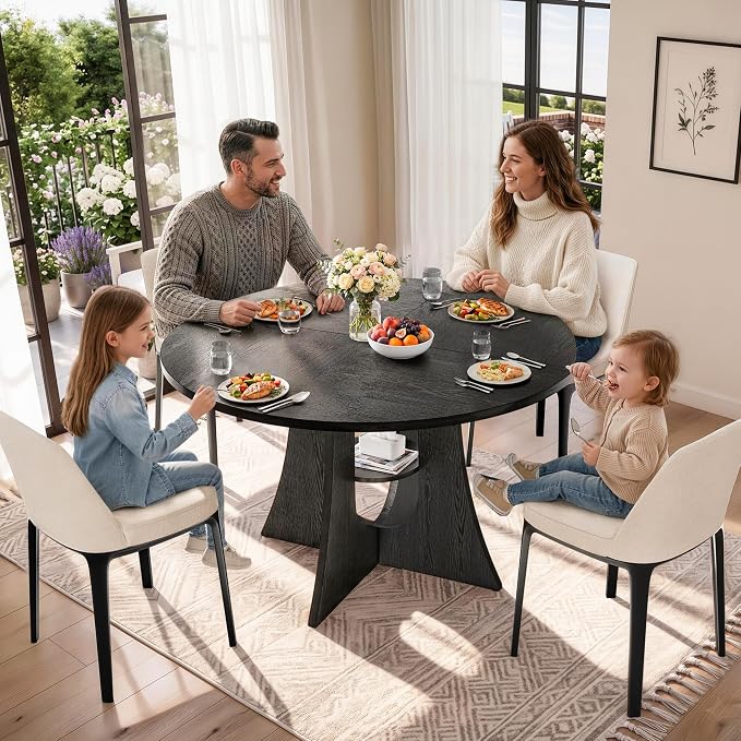 47" Round Dining Table for 4-6, Space-Saving Dining Room Table with Thick Tabletop and Sculptural Base, Wood Grain Dinner Table with Storage Shelf for Kitchen, Dining Room, Living Room, Black