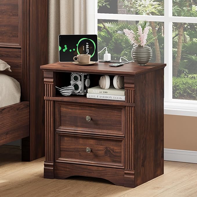 Walnut Nightstand with Charging Station, Farmhouse Bedside Table, End Table with 2 Drawers and Chic Wood Pilasters Design, Wood Side Table with Metal Handles for Bedroom, Living Room