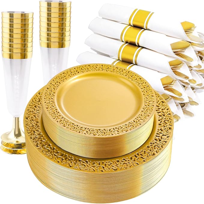 DaYammi 210Pcs Solid Gold Disposable Plates with Silverware and Cups,Christmas Plastic Plates for Party Include: 30 Dinner Plate,30 Dessert Plate,30 Rolled Napkins with Cutlery,30 Cups for Wedding
