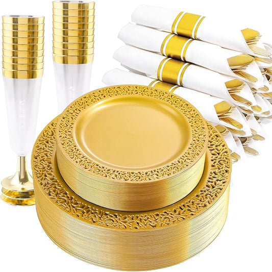 DaYammi 210Pcs Solid Gold Disposable Plates with Silverware and Cups,Christmas Plastic Plates for Party Include: 30 Dinner Plate,30 Dessert Plate,30 Rolled Napkins with Cutlery,30 Cups for Wedding