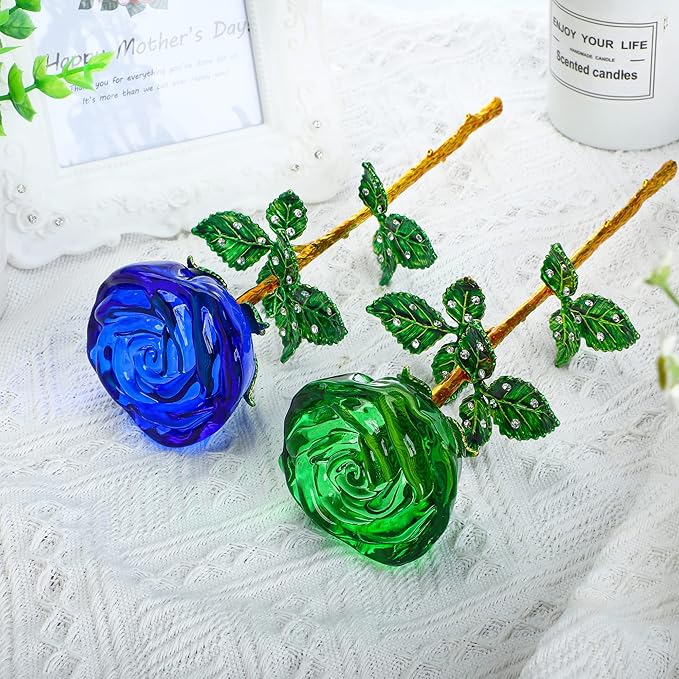 HDCRYSTALGIFTS 9.5'' Crystal Rose Flower Glass Blue and Green Flowers with Green Leaves for Wedding Anniversary/Wife, Romantic Forever Gifts for Her (Pack of 2)