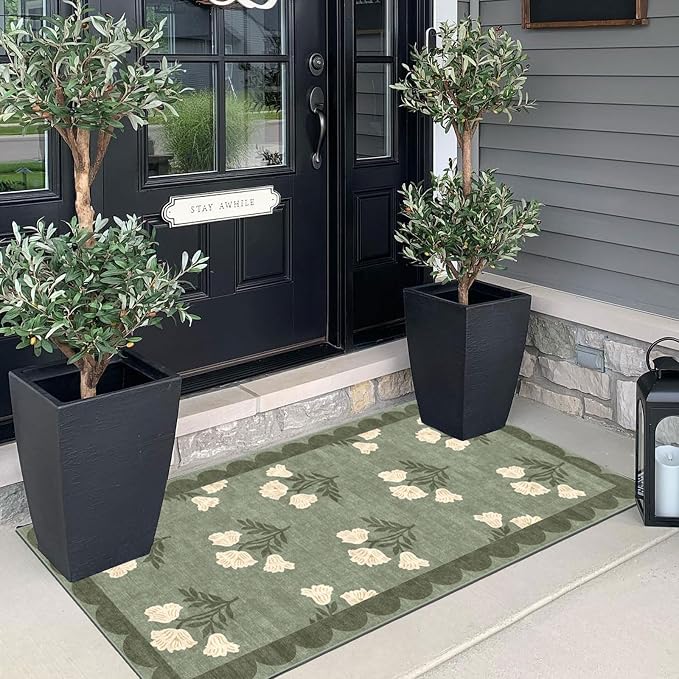 Front Door Mat Indoor Entrance - 2x4.3 Ft Floral Washable Layered Doormat Outdoor Entrance Porch Rug Non-Slip Sage Green Boho Runner Rug for Kitchen Hallway Bedroom Laundry Room Porch Decor
