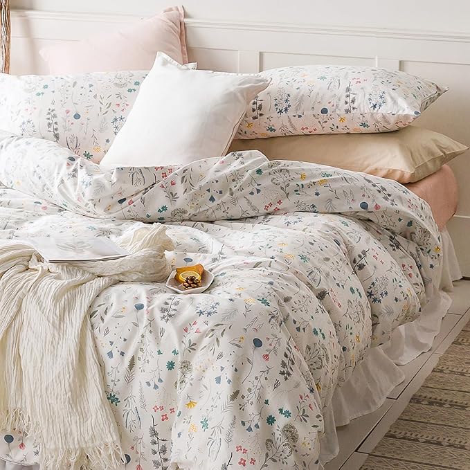 HighBuy Floral Duvet Cover King 100% Cotton Bedding Set King Girls Cottagecore Bedding 3 Piece Comforter Cover King Ultra Soft Garden Floral Duvet Cover King with Zipper Closure,4 Corner Ties