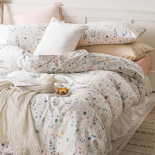 HighBuy Floral Duvet Cover Queen 100% Cotton Bedding Set Queen Girls Boys Cottagecore Bedding 3 Piece Comforter Cover Ultra Soft Garden Floral Quilt Cover with Zipper Closure