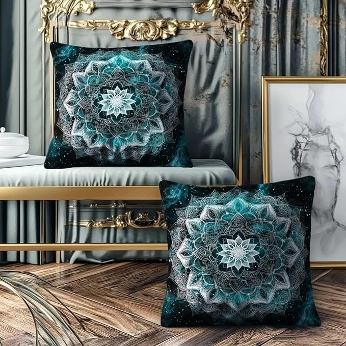 Mandala Throw Pillow Covers 18x18 Set of 2 | Geometric Flower Square Pillow Cases for Bed Room and Living Room Decor, Boho Floral Cushion Cases for Sofa and Chair