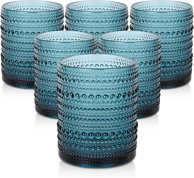 ZMOWIPDL Vintage Glassware Drinking Glasses Set of 6,12 oz Hobnail Glass Cups,Embossed Blue Water Tumbler,for Beer,Cocktail,Whiskey,Juice and Various Mixed Drinks- 1 Cleaning Brush