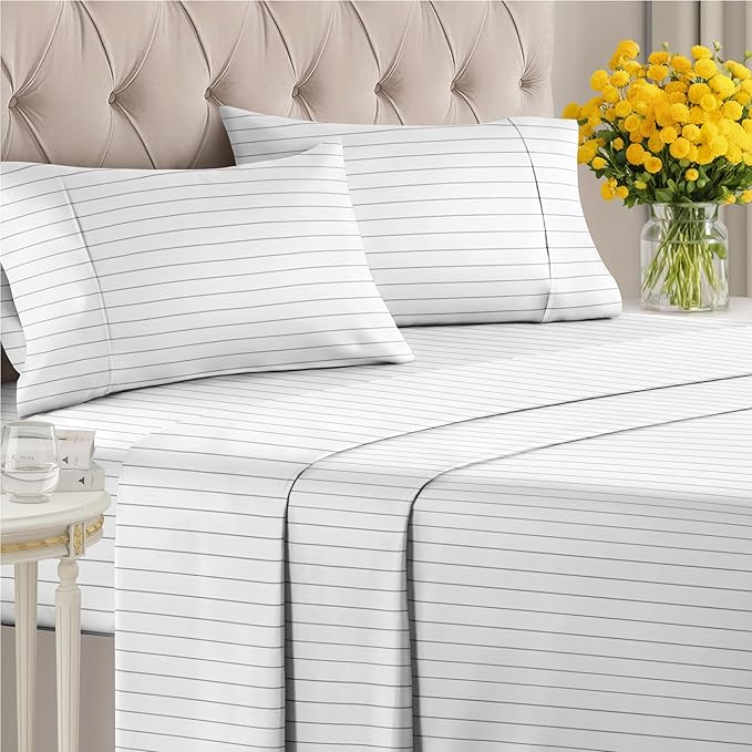Striped Sheets - Grey Striped Sheets - 1 Flat & 1 Fitted & 2 Pillowcases w/ Deep Pockets – Comfy, Wrinkle & Fade Free - Ultra-Soft, Breathable & Cooling – Luxury Pinstripe Bedding - King Size Bed Set