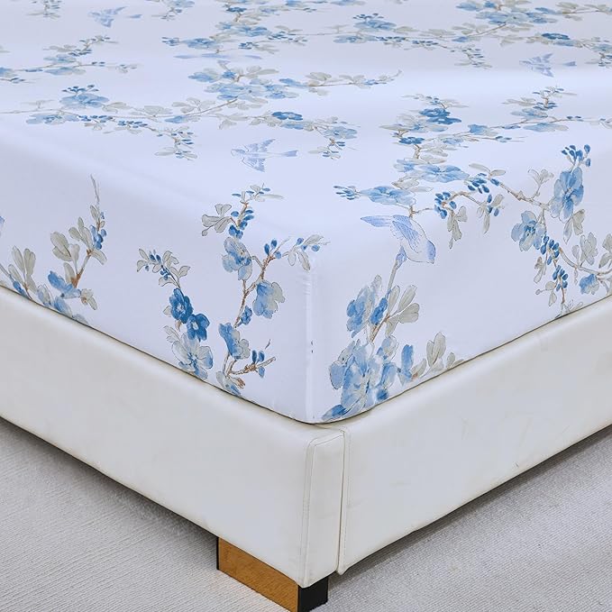 Brandream Queen Size Sheet Set Luxury Blossom Floral Birds Bedding Collections 800 Thread Count 100% Egyptian Cotton Deep Pocket, 4 Piece White Blue Botanical Branches Flower