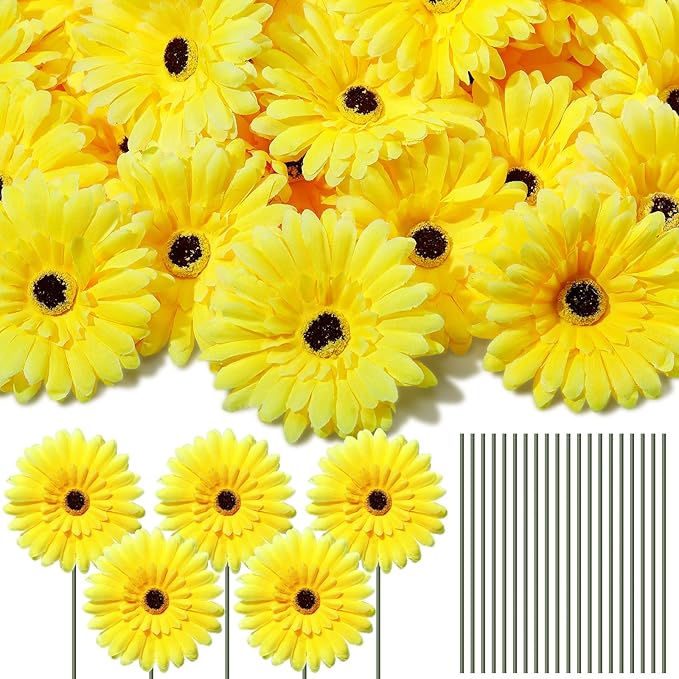 100 Pcs Flowers Long Stem Artificial Daisy, 4 Inches Silk Gerbera Head Flowers Fake for Wedding Bridal Bouquet Home Floral DIY Day of The Dead Tables Centerpieces Party Decoration (Yellow)