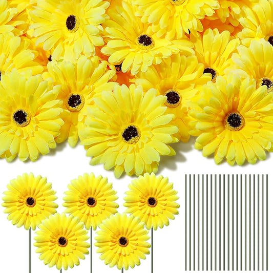 100 Pcs Flowers Long Stem Artificial Daisy, 4 Inches Silk Gerbera Head Flowers Fake for Wedding Bridal Bouquet Home Floral DIY Day of The Dead Tables Centerpieces Party Decoration (Yellow)