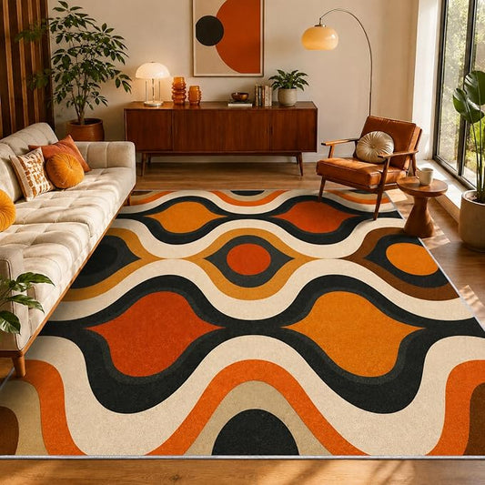 Retro Wave Area Rug 6x8, Mid-Century Modern Geometric Rug, Orange Brown Abstract Carpet for Living Room Bedroom, Soft Non-Slip Washable Rug