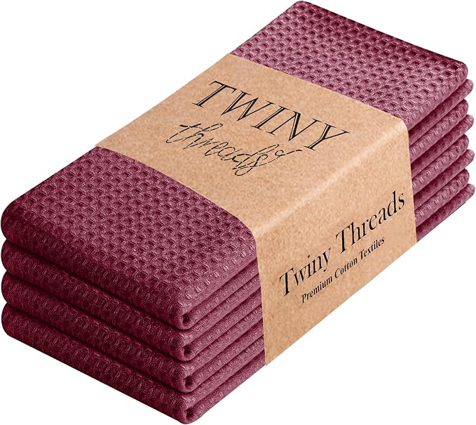 TWINY threads Dish Towel Waffle Weave, Set of 4, 16x26 Inch, Premium Large 100% Cotton Kitchen Linen Pack, Absorbent Cloths for Drying Dishes, Cookware, Quick Drying, Machine Washable, Burgundy Wine