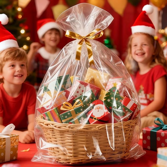 QOIUSO 6PCS Extra Large Cellophane Bags 40x50 Inch, Clear Cellophane Wrap for Large Christmas Gift Baskets, 2.8 Mil Thick Clear Gift Bags for Christmas, Holiday Parties, Weddings & Birthdays