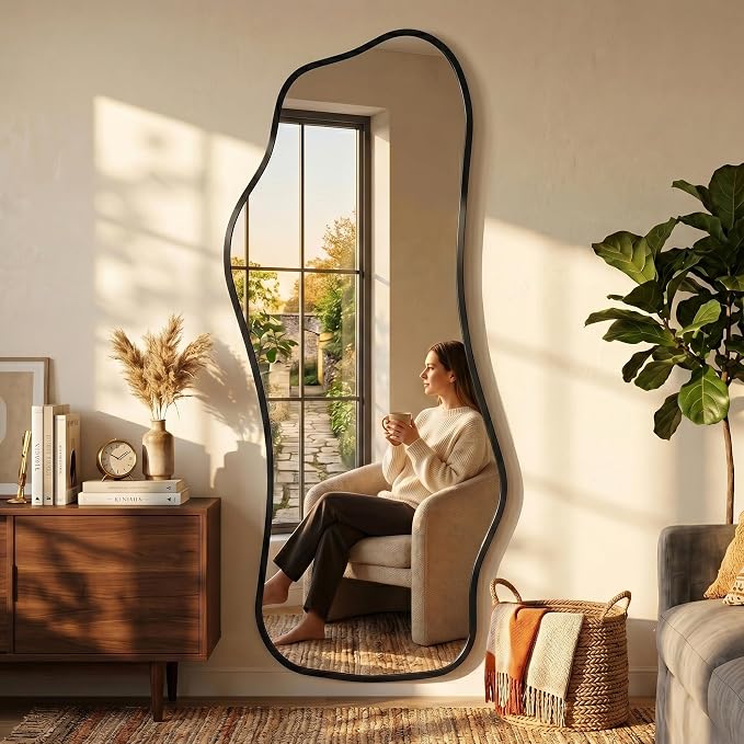 Mirror Full Length - Irregular Full Body Mirror Standing or Leaning or Wall Hanging 62.2"x 22.8" Asymmetrical Aviation Aluminum Alloy Frame Unique for Bedroom, Living Room, Cloakroom, Entryway