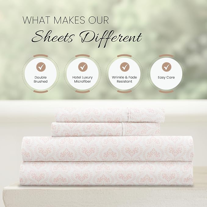 Linen Market Patterned Microfiber King Sheet Set 4 Piece – Oeko-TEX Certified Ultra Soft & Wrinkle-Free - 16" Deep Pocket Sheets - Easy Care King Size - Classic in Pink