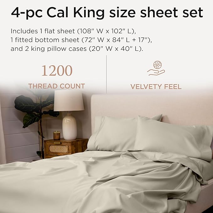 Threadmill California King Sheets, Certified American Supima Cotton Sheets, 1200 Thread Count Hotel Quality, 4 Piece Luxury Bed Sheets Set with Elasticized Extra Deep Pocket, Taupe