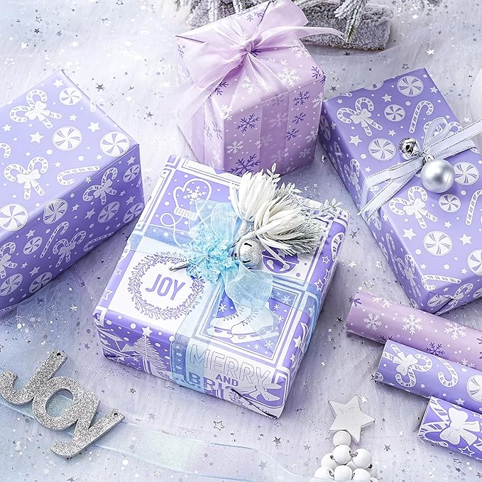 LeZakaa Christmas Wrapping Paper Mini Roll - Bell & Tree/Candy Canes/Snowflakes Design in Light Purple for Gift Wrap, Arts Crafts - 17 x 120 inches - 3 Rolls (42.5 sq.ft.ttl.)
