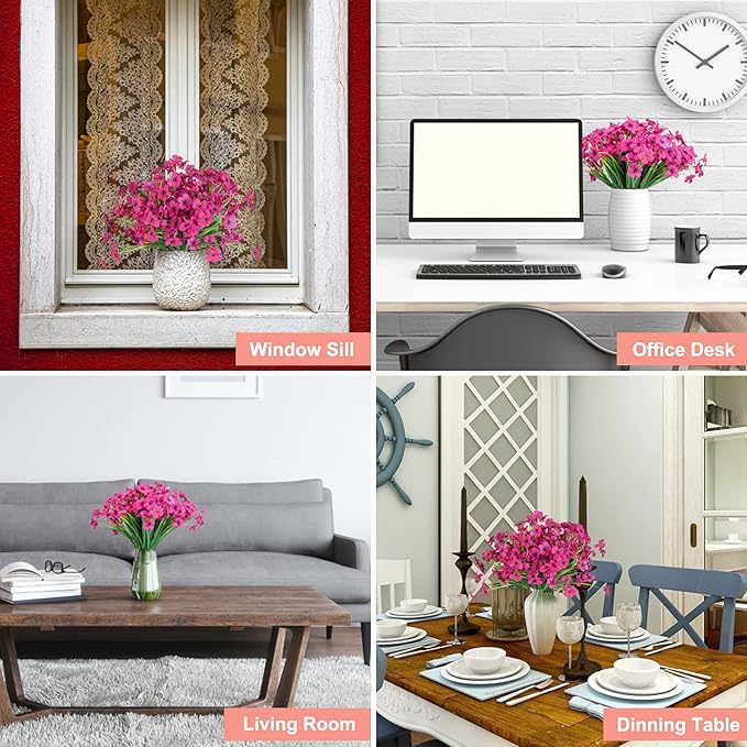 Ouddy Decor 12 Bundles Artificial Flowers for Decorations Fake Silk Plants for Outdoors UV Resistant Faux Plastic Greenery Stems for Garden Porch Window Box Home Spring Decor, Rose Red