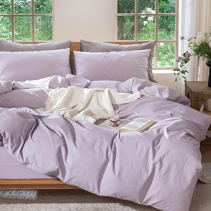 MooMee Bedding Duvet Cover Set 100% Washed Cotton Linen Like Textured Breathable Durable Soft Comfy (Heathered Light Purple, Queen 90"x90")