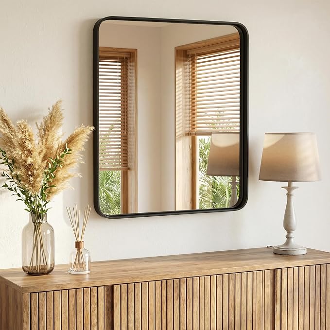 NEWBULIG 36X40 Inch Bathroom Mirror for Over Sink, Wall Vanity Mirrors Tempered Glass, Anti-Rust Metal Framed Rounded Rectangle, Hangs Horizontally or Vertically, Farmhouse Home Decor, Black