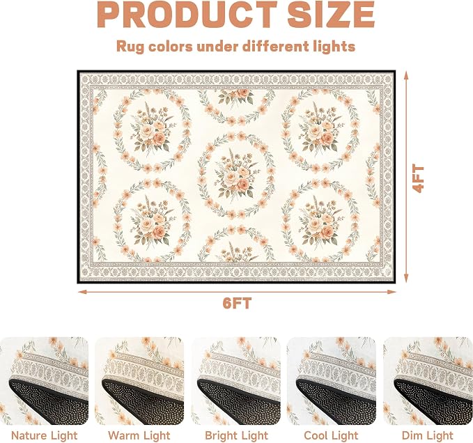 4'x6' Boho Floral Area Rug Vintage Peach Rose Carpet Non-Slip Washable Floor Mat Neutral Aesthetic Botanical Rug for Bedroom Living Room Nursery Kitchen Playroom Home Decor