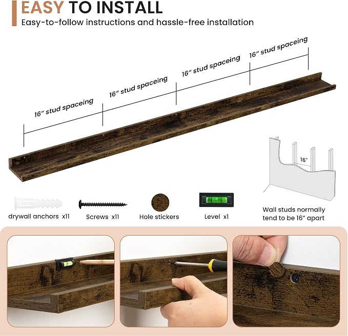 Dreamland Picture Ledge Shelf for Wall, Floating Shelves Set of 2,72 inch Long Floating Shelves with Lip for Living Room,Bedroom,Bathroom,Kitchen,Rustic Brown