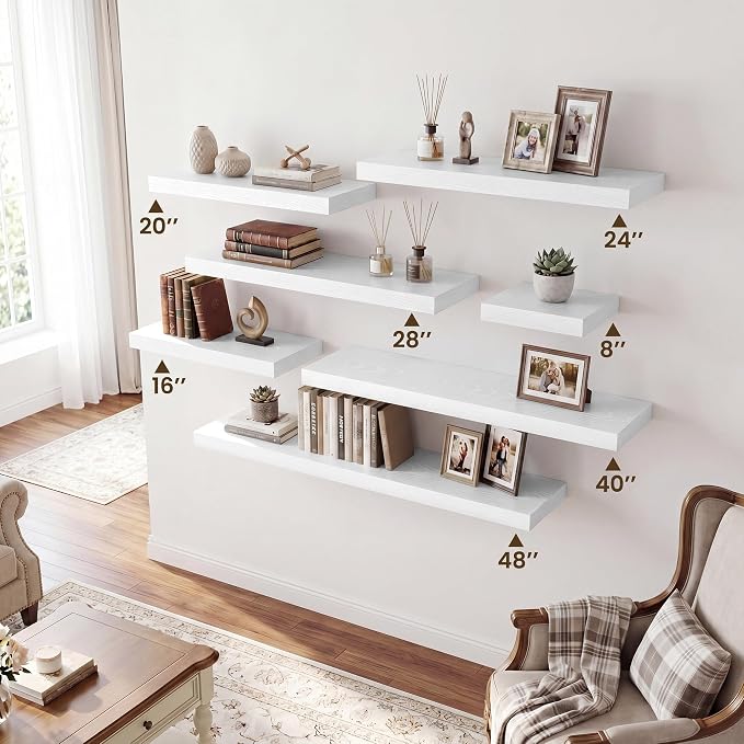 RICHFOCUS 20Inch Floating Shelves for Wall 2 Pack Shelves for Bedroom|Kitchen|Bathroom|Laundry Room Rustic Wood Wall Mounted Shelf with Invisible Brackets for Books|Storage|Decor, White
