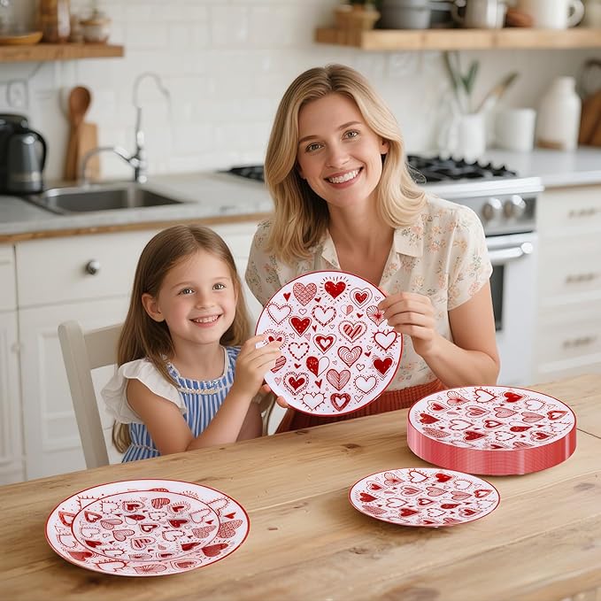 U-QE 20Pcs Red Plastic Plates - Diamond Heart Plates Disposable Heavy Duty, Fancy Love Pattern Perfect for Weddings, Parties, Valentine's Day - 10.25" Dinner Plate & 7.5" Dessert Plate