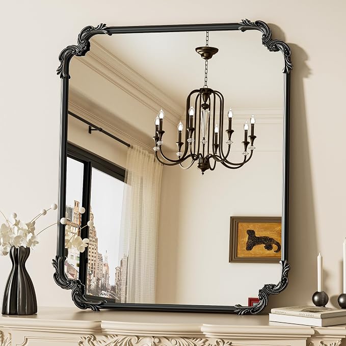 TETOTE Antique Black Rectangle Mirror for Mantle Fireplace 30 x 36 Baroque Vintage Ornate Scroll Wall Mirror with Metal Frame for Traditional Victorian French Decor, Horizontal/Vertical