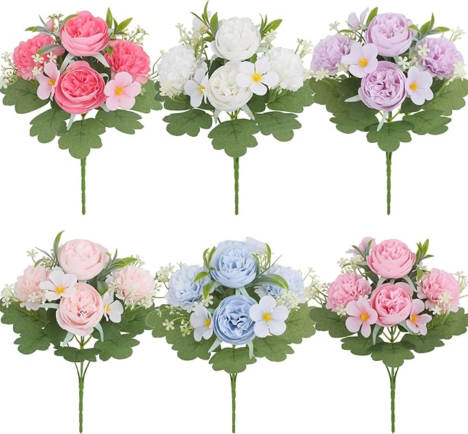 6 Color Rose Peony Artificial Flowers UV Resistant Fake Flowers for Outdoor Garden Decor Wedding Bouquets Home Decoration Porch, Patio Table Centerpiece