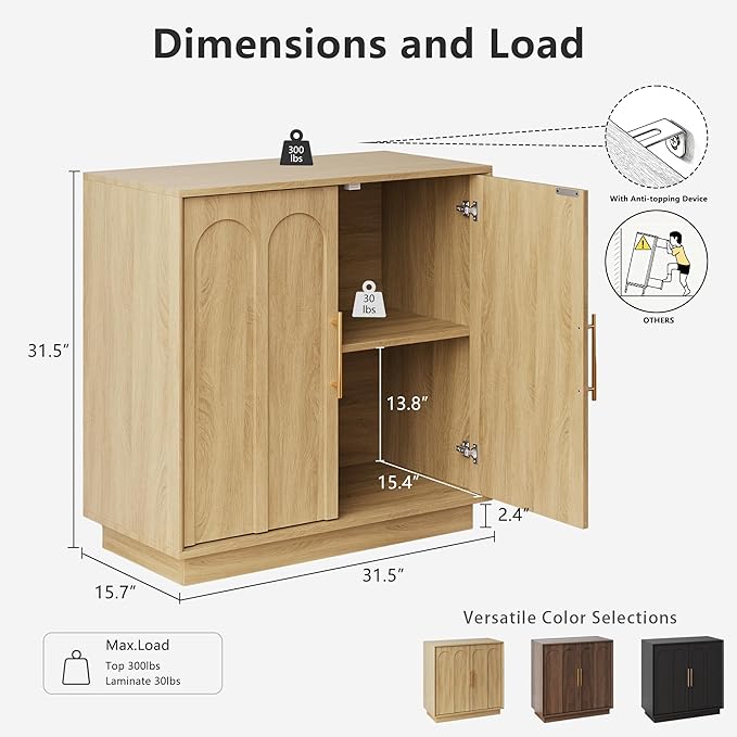 FORTUNETEC Sideboard Buffet Cabinet with Storage, Modern Accent Cabinet with Arched Doors, Boho Modular Media Console, 31.5" Minimalist Credenza for Living Room Kitchen Dining Room Entryway, Oak