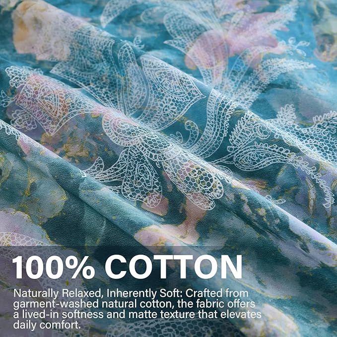 100% Cotton Duvet Cover King Size – Navy Blue Watercolor Floral Duvet Cover Set with Zipper Closure & Corner Ties, 3-Piece Silky Soft & Breathable Bedding Set for All Seasons