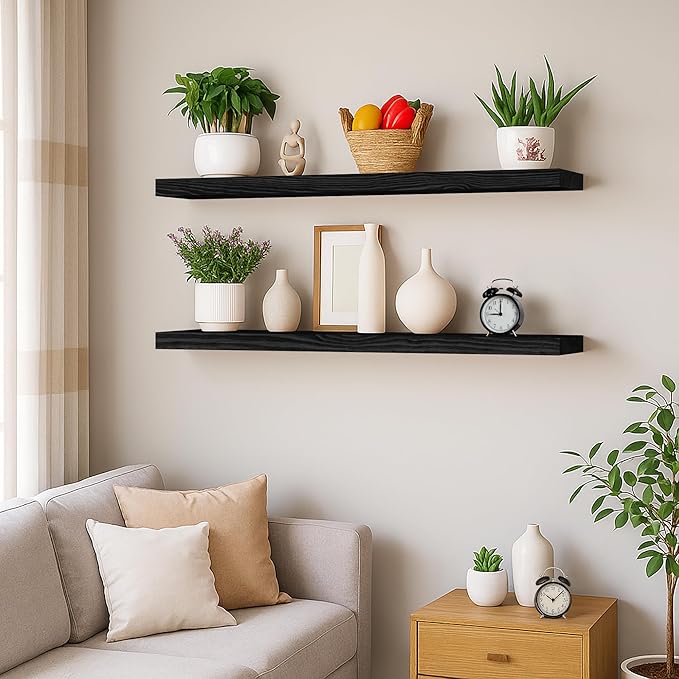 BGMG Wood Floating Shelves for Wall 42 inch Set of 2,Black Floating Shelves,Solid Wood Wall Mount Shelves for Bathroom Living Room Bedroom Kitchen Farmhouse -42x 6.7 x1.25 inch