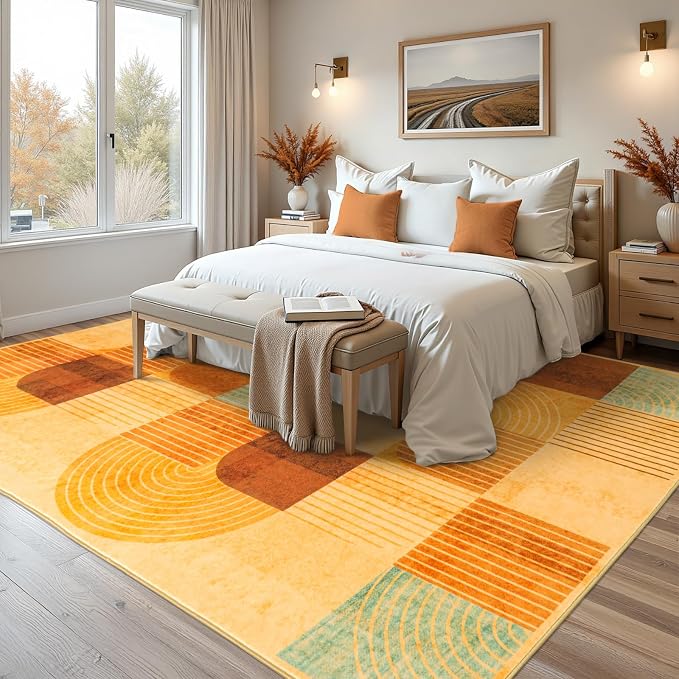 8x10 Area Rugs for Living Room, Soft Modern Abstract Geometric Rug for Bedroom, Washable Non-Slip Indoor Floor Carpet for Dining Room Nursery Home，Multi/Orange