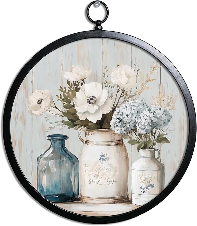 XIAOAIKA Vintage Wall Art with Metal Frame, Round Wood Print Featuring Mason Jar Flower Bouquet, Boho Wall Decor for Living Room, Bedroom, Kitchen, 10 Inch