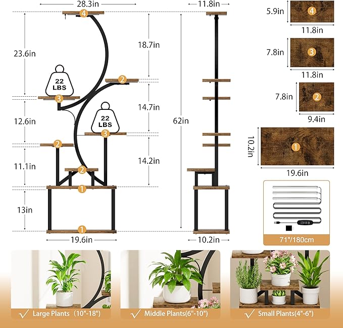 Plant Stand with Grow Lights for Indoor Plants, 8-Tiered Tall Corner Plant Shelf with Full Spectrum Light, S-Shaped Space-Saving Narrow Flower Holder, Anti-Tip for Living Room Bedroom Office, Brown