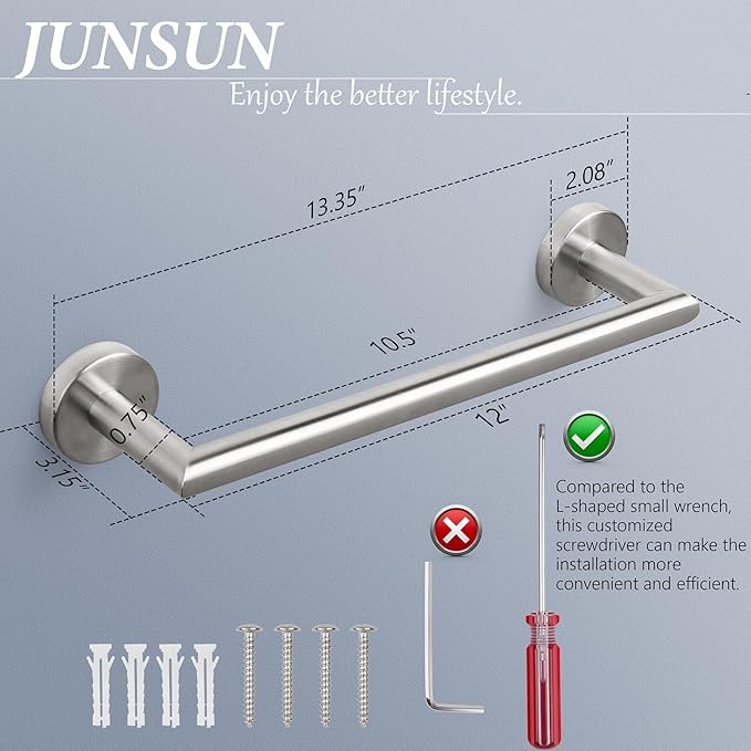 JunSun Bathroom Towel Bar 12 Inch Brushed Nickel Towel Racks Wall Mounted Bath Hand Towel Holder Modern Home Decor Towel Rod Bathroom Hardware Stainless Steel Towel Hanger Silver Towel Rail Single Bar