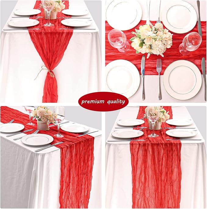 12 Pack 10Ft Cheesecloth Table Runner 35x120 Inch Boho Gauze Table Runner Rustic Cheese Cloth Long Romantic Table Runners for Wedding Bridal Shower Birthday Party Table Decor (Red)