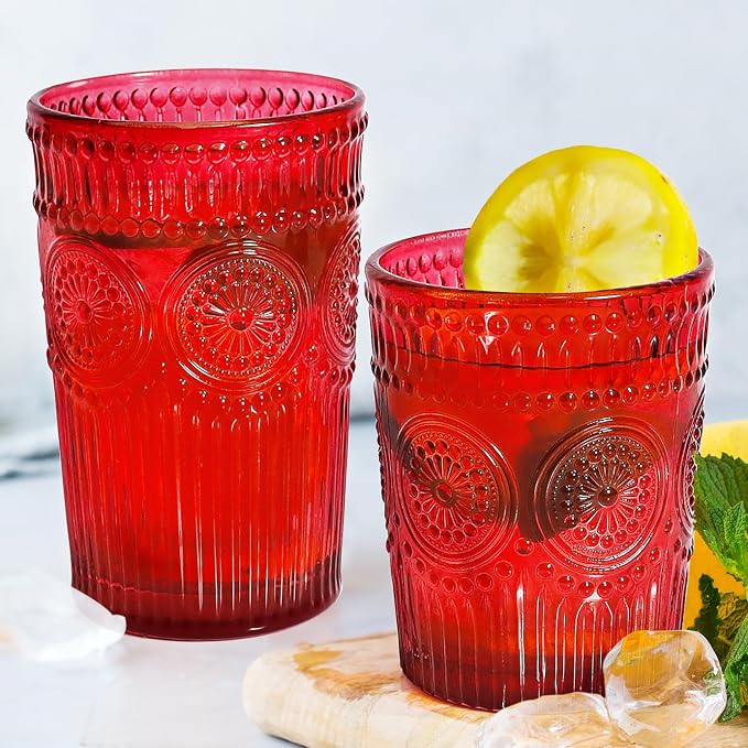 Loivttvv 12pcs Vintage Drinking Glasses Set, 12 oz Highball Glasses & 9 oz Embossed Ribbed Glassware Cups for Cocktail, Water, Juice, Coffee, Whiskey (Christmas Red)