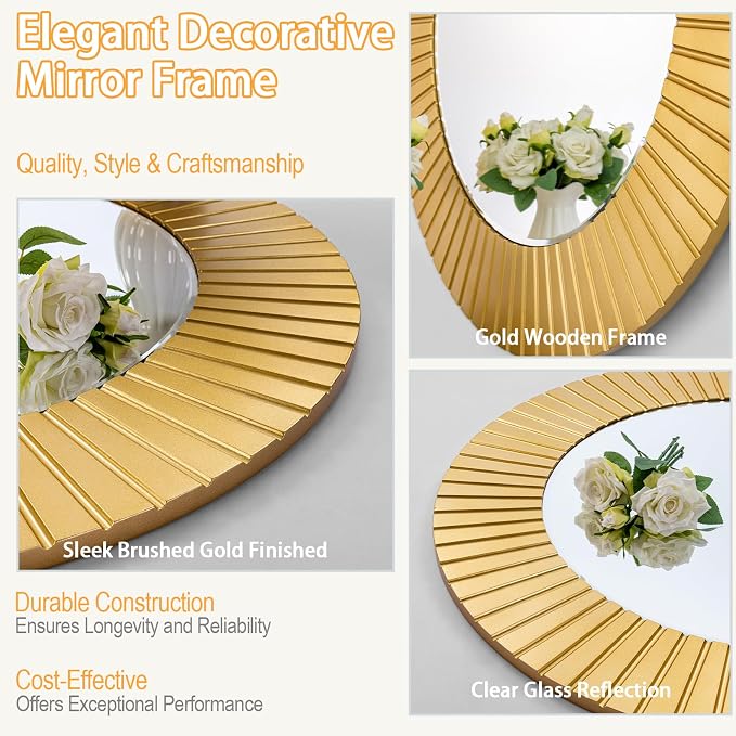 Chende Round Gold Mirror, 36'' Large Decorative Mirror for Wall with Wood Frame, Elegant Accent Gold Mirrors for Living Room, Entryway, Bathroom