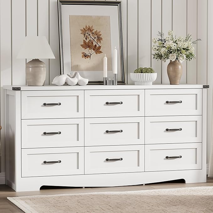Dresser for Bedroom with 9 Drawers, 63" Wide Wood Chest of Drawers with Deep Drawers & Mental Handle, Modern Dresser TV Stand, Wooden Closet Storage Organizer for Living Room, Hallway, Entryway, White