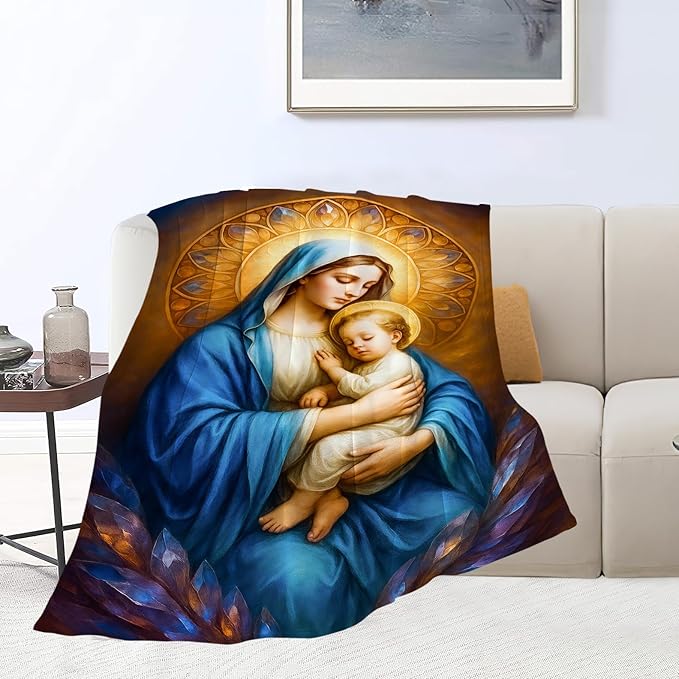 Virgin Mary Blanket Mother of God Throw Blanket Catholic Religious Soft Cozy Fleece Fuzzy Christian Stuffed Plush God Faith Flannel Gifts for Girls Women Boys Kids Adults 60"X80"