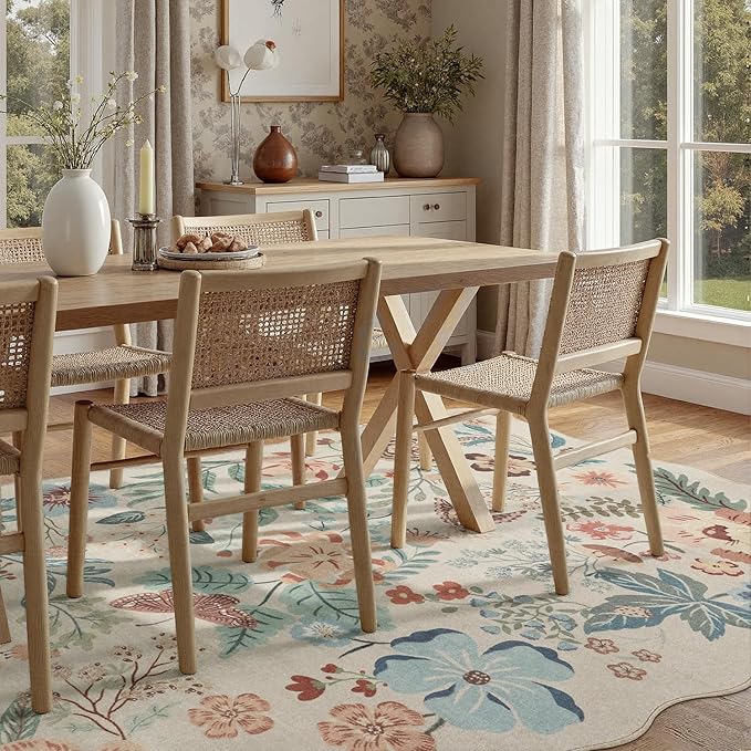 DCX Beige Floral Rug 4x6, Washable Beige Rug for Living Room, Kid & Pet Friendly with Rubber Back Non Slip, Soft Low Pile Carpet, Stain Resistant Rug for Bedroom, Nursery, Dining Room