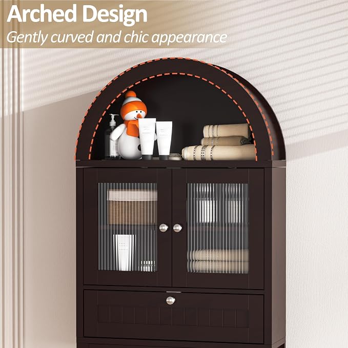 Spurgehom Over The Toilet Storage Cabinet, Bathroom Shelf Organizer Freestanding, Bathroom Arch Cabinet Over Toilet with Glass Door and Anti-Tipping Device, Coffee