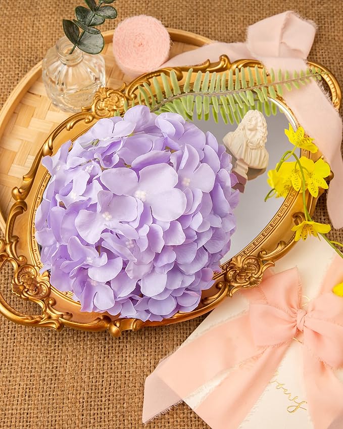 DuHouse 8.7" Silk Hydrangea Flower Heads with Stems Fake Hydrangeas Flowers for DIY Wedding Centerpiece Home Decor,Pack of 6(Lilac)