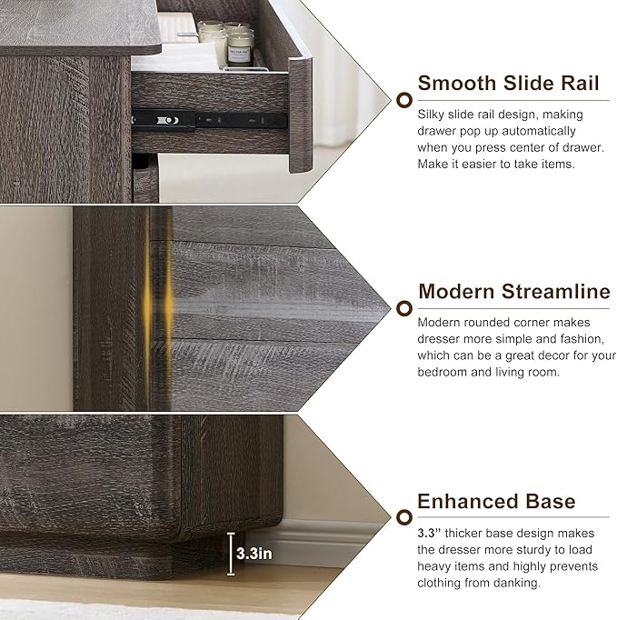 ACCOHOHO Modern 6 Drawer Dresser for Bedroom, 52" Wide Wooden Dressers with Large Storage,Handleless Chest of Drawers TV Stand for Living Room & Hallway, Curved Profile Design, Grey