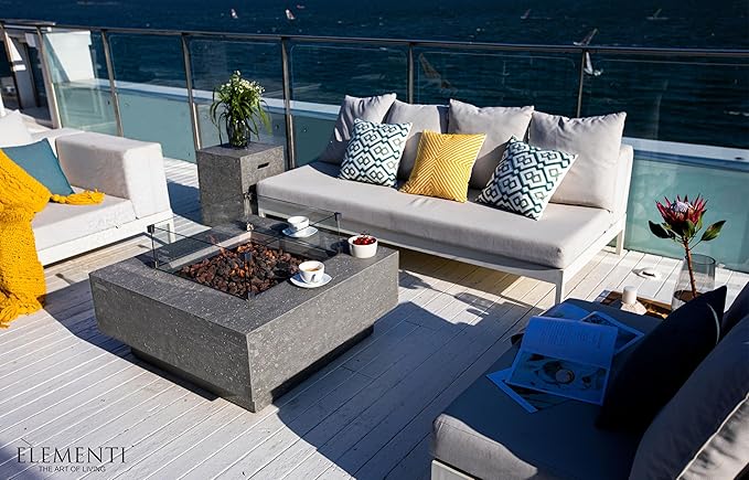 Elementi | Bundle Manhattan Gas Fire Pit Cast Concrete 36" Square Fire Table, Outdoor Fire Pit Electronic Ignition | Canvas Cover, Lava Rock Included | Light Gray (Natural Gas)
